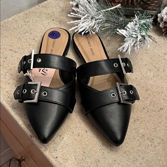 Sincerly Jules Shoes - Sincerely Jules Black Buckle Mules